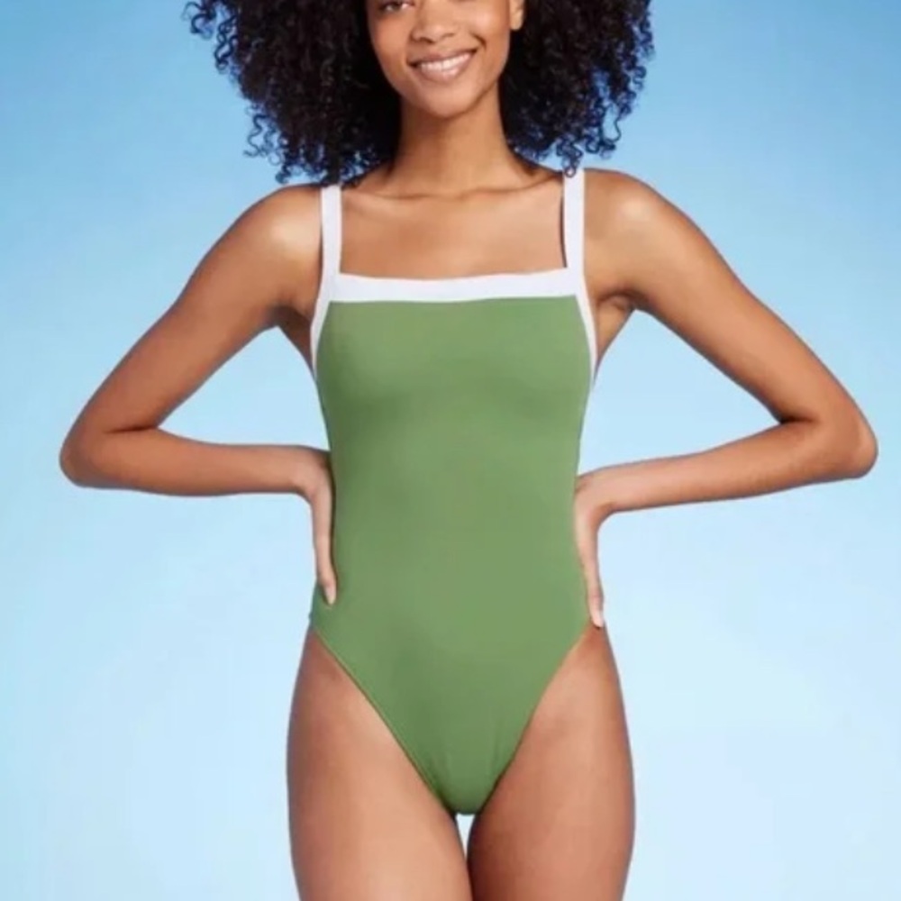 Shade & Shore Green White Trim Square Neck One Piece Swimsuit Womens S/M/L NEW